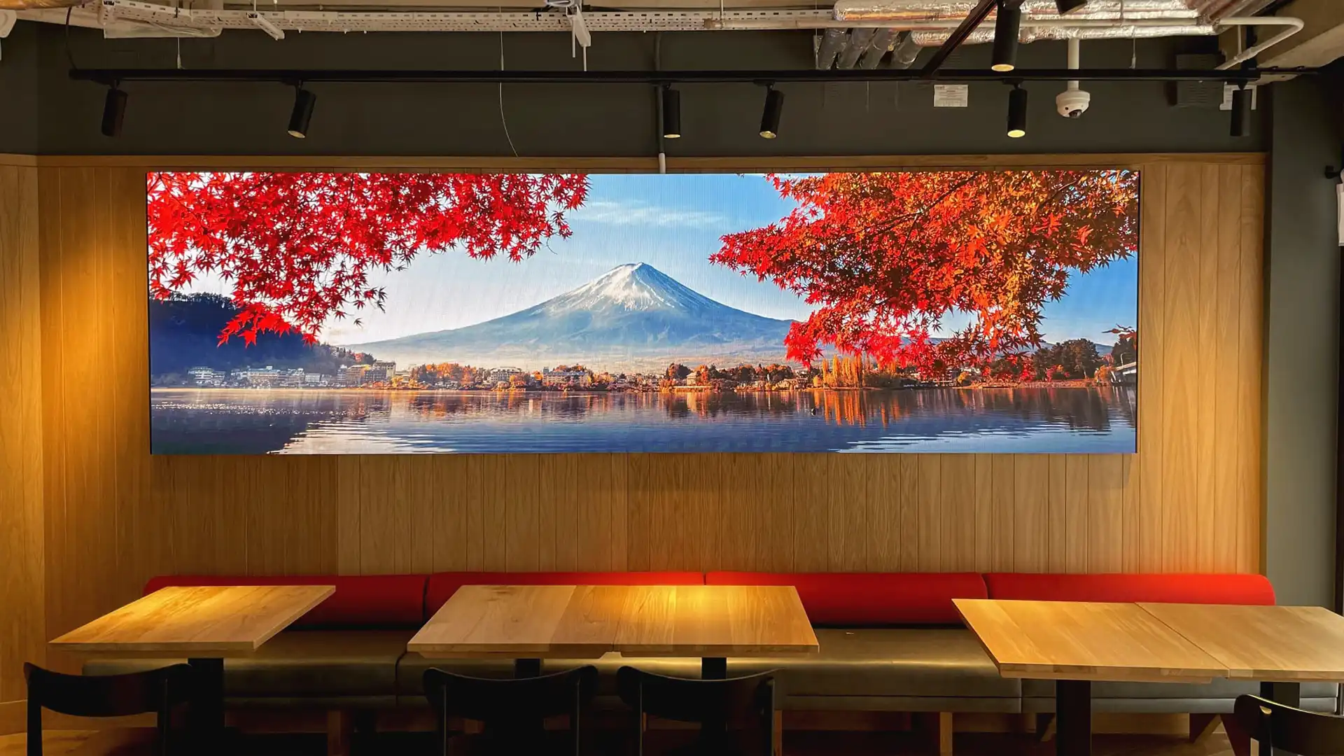 Interior LED ambiance at Marugame Udon London integrating motion content and Japanese aesthetics by TRISON UK.