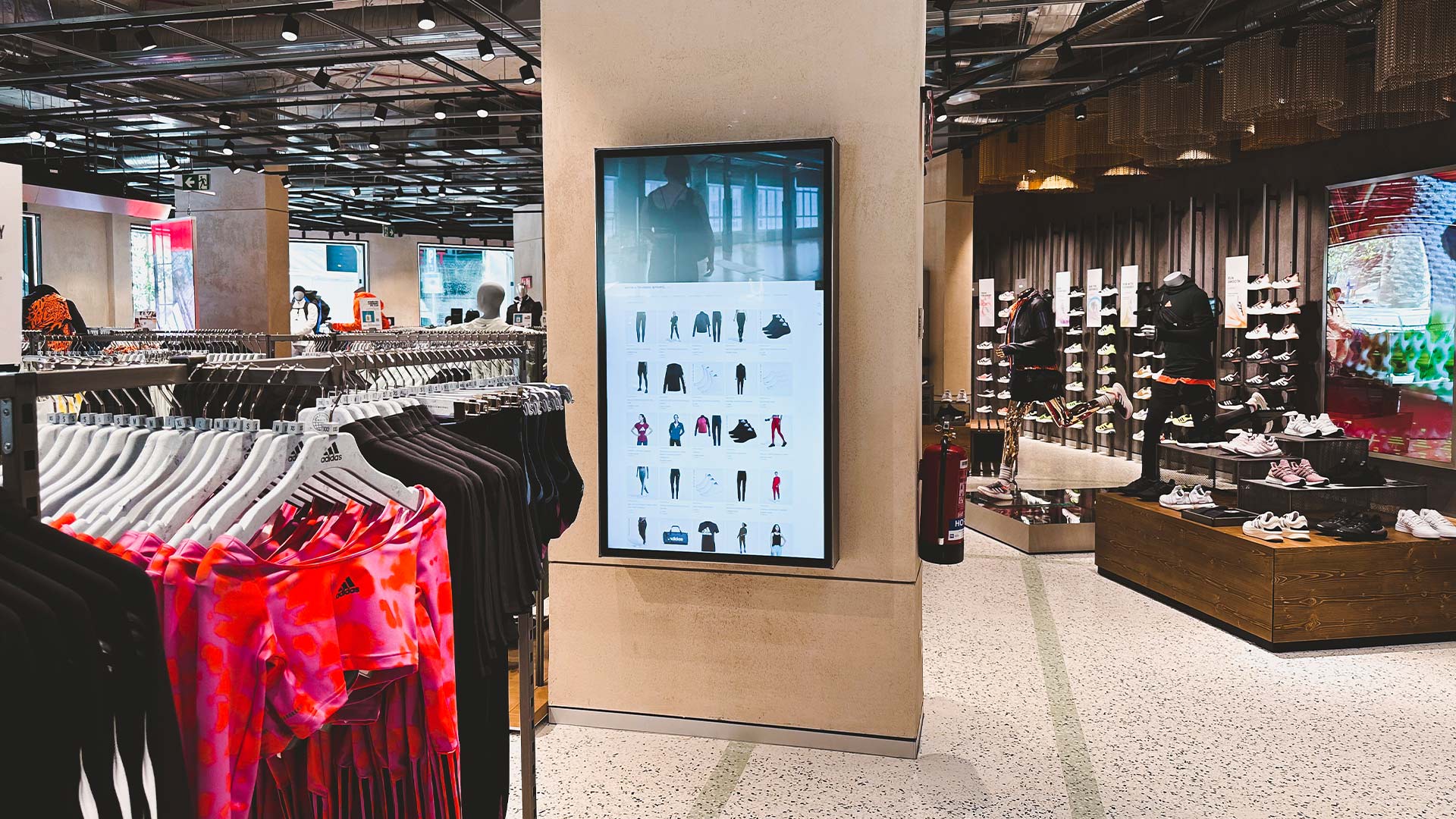 Display digital interactivo montado en una columna de la flagship de adidas en Barcelona, con catálogo de producto, por TRISON Germany