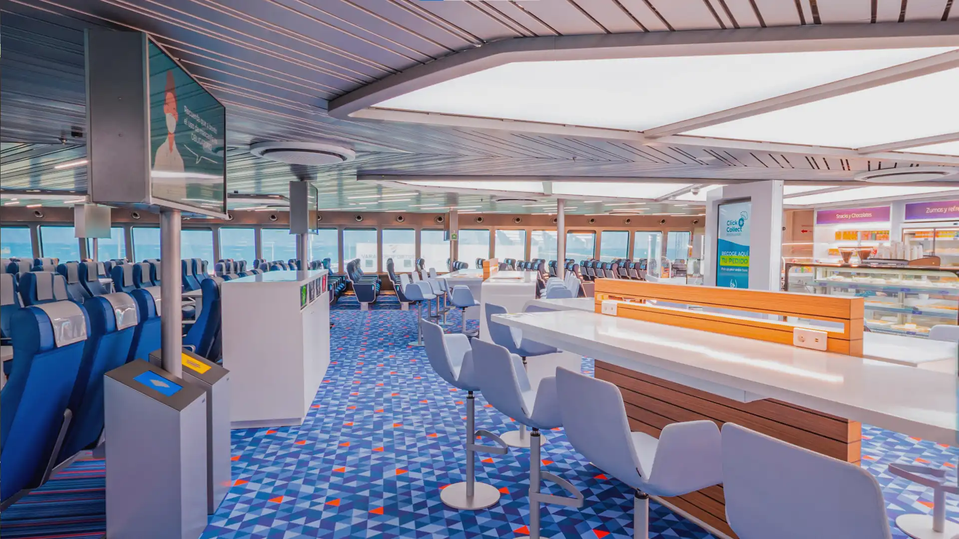 Panoramic view of BALEÀRIA’s Eleanor Roosevelt ferry featuring TRISON’s integrated digital signage and audiovisual systems.