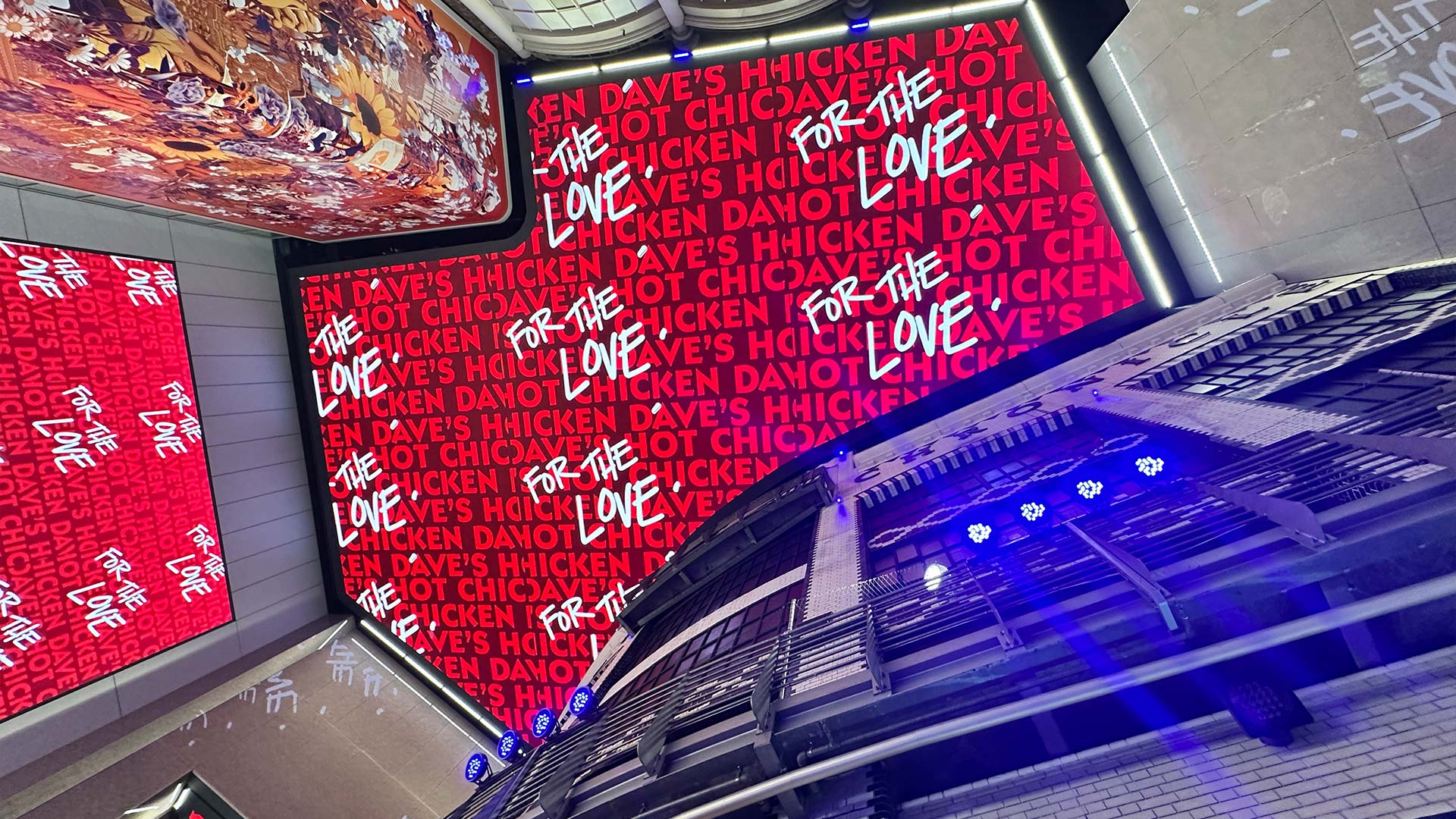 Animated 2D and 3D content created in-house by TRISON for Dave's Hot Chicken UK digital signage screens