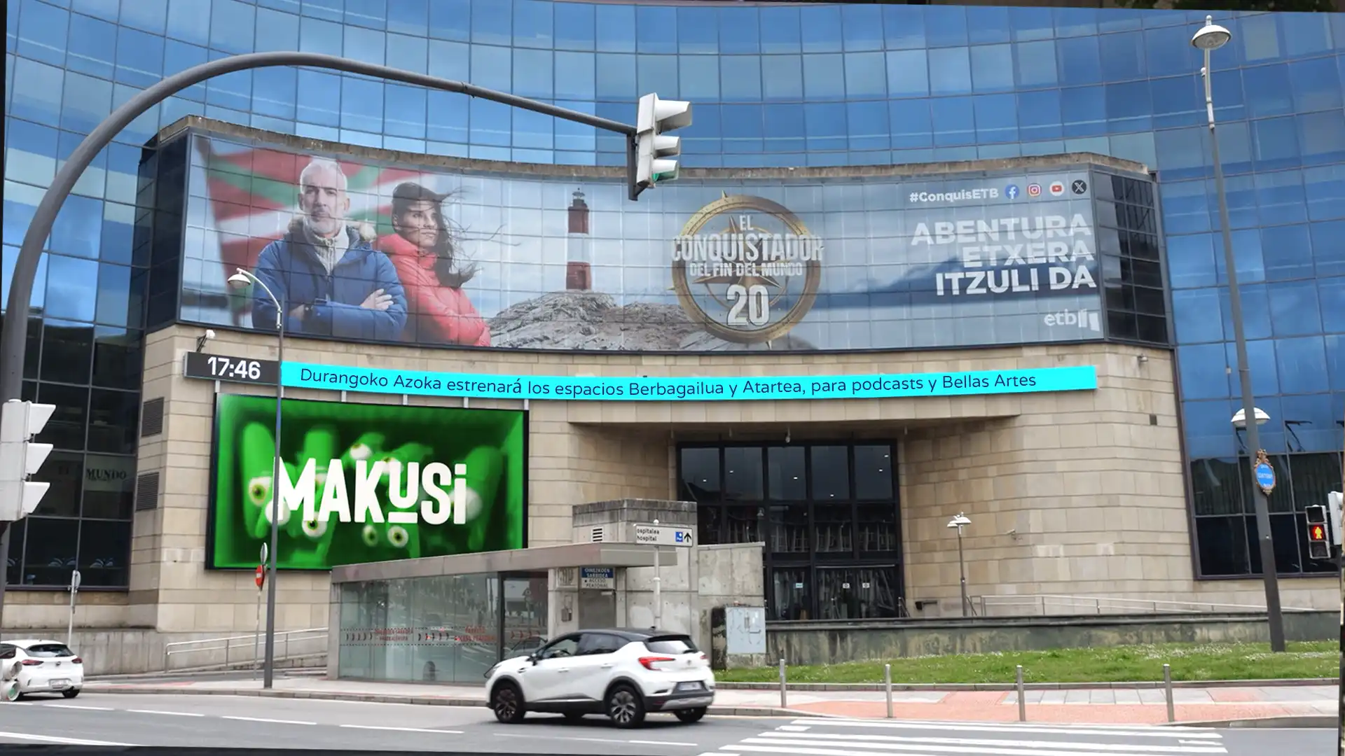 La facciata della sede centrale dell'EITB a Bilbao mostra i contenuti 3D immersivi creati da TRISON Necsum per il gruppo mediatico basco.