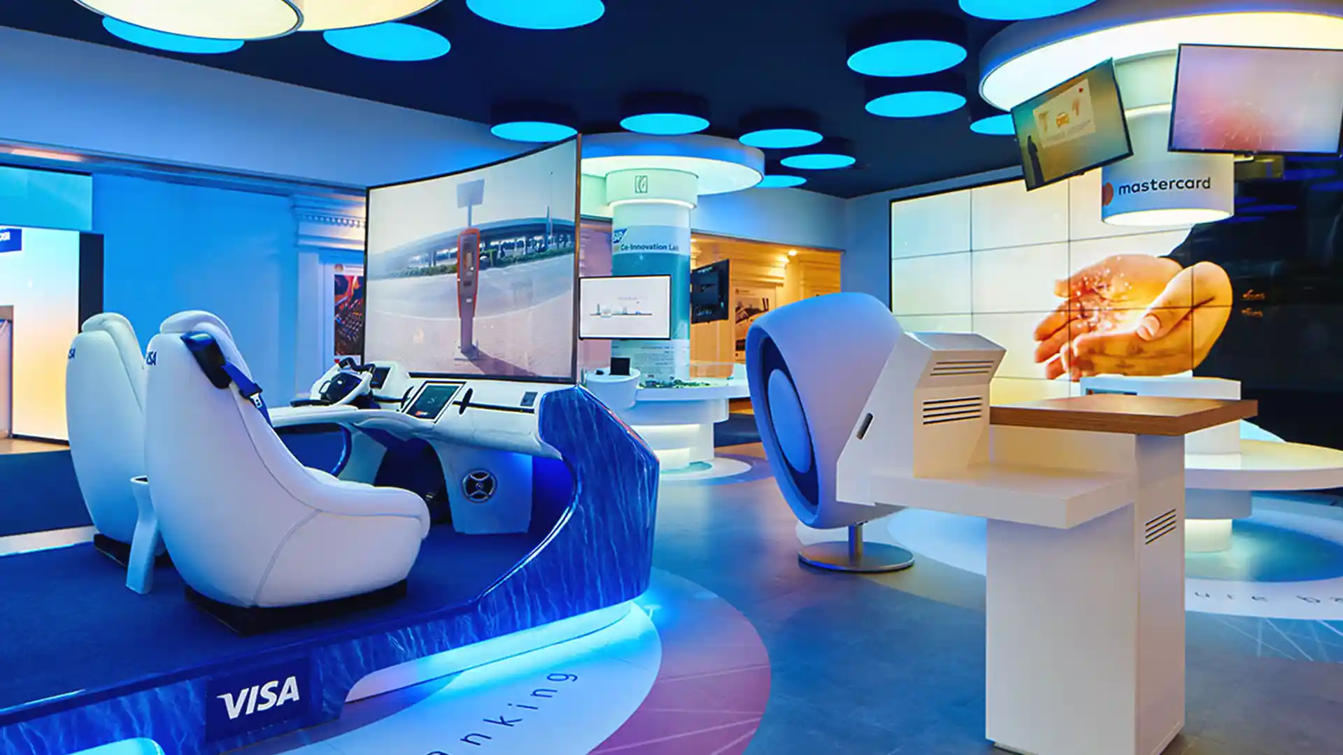 Interaktive Tablet-Stationen, die von Besuchern im Future Banking Lab von Emirates NBD genutzt werden.