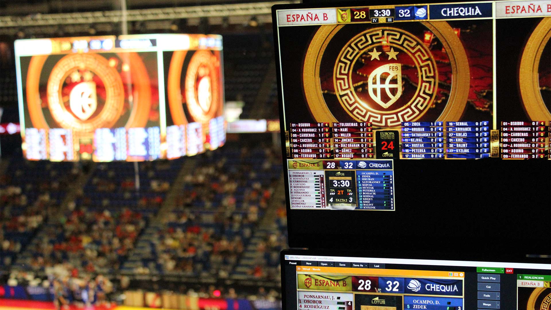 LED panels and control systems calibrated for different arena configurations during the FEB basketball tour