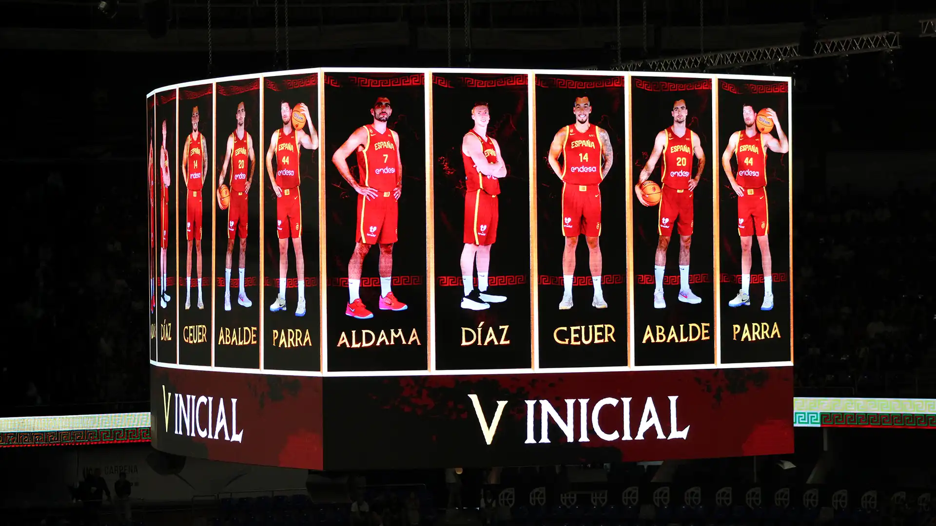LED scoreboards and arena displays showing customized graphics for the Spanish basketball team during the “Europa, Imperium Nostrum” tour, ensuring consistent branding across venues.