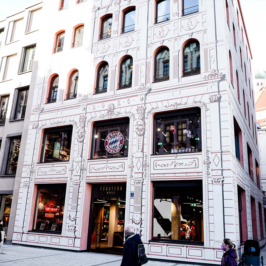 FC Bayern World flagship store facade in Munich city centre with FC Bayern München branding