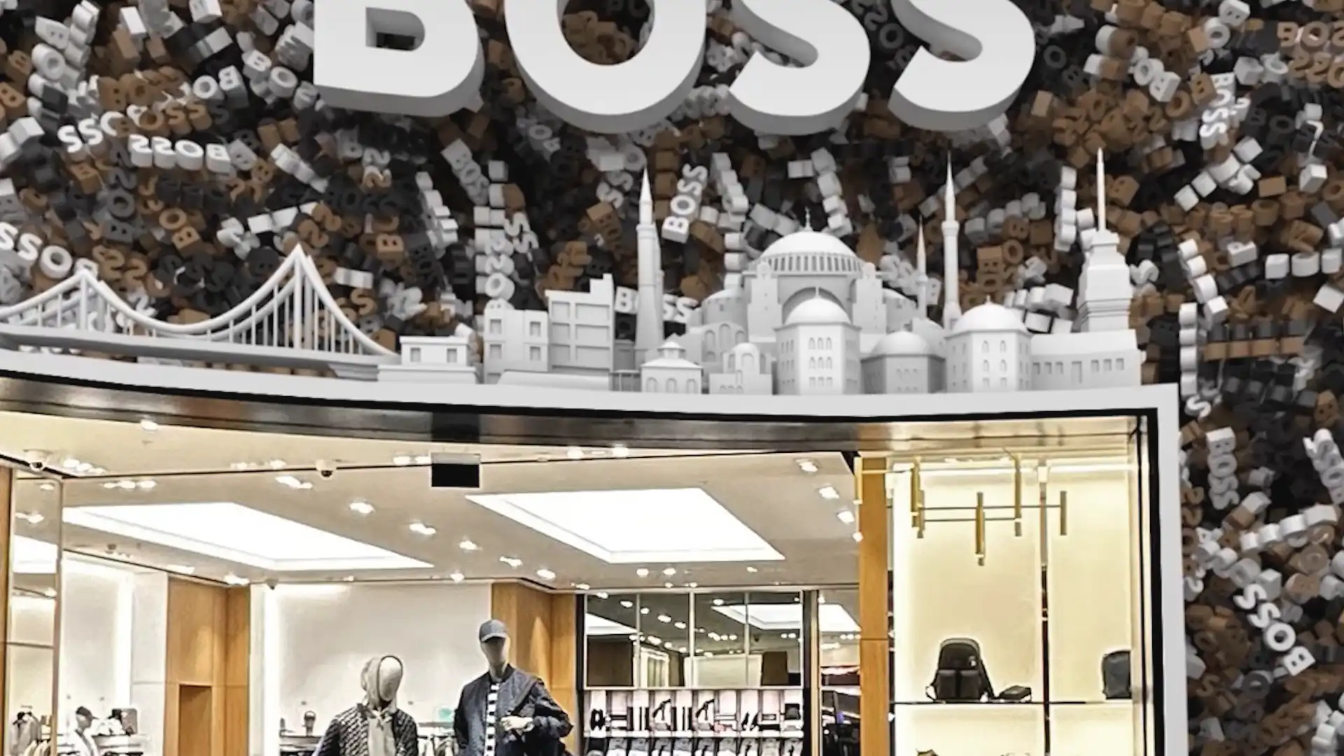 LED-Fassade, ausgerichtet am Boss-Logo, die eine nahtlose, hochwertige digitale Umgebung schafft.