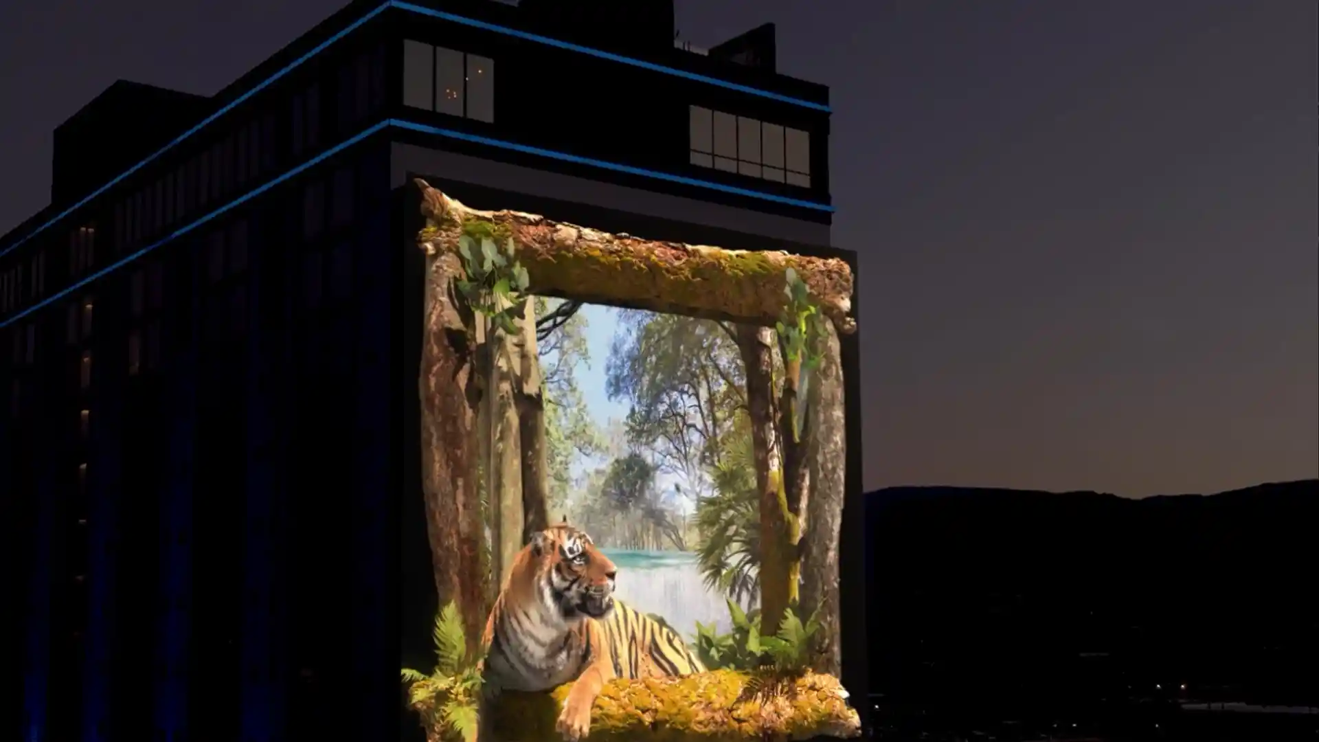 Visitors observing the animated LED façade at J Resort Casino as part of a nighttime spectacle.