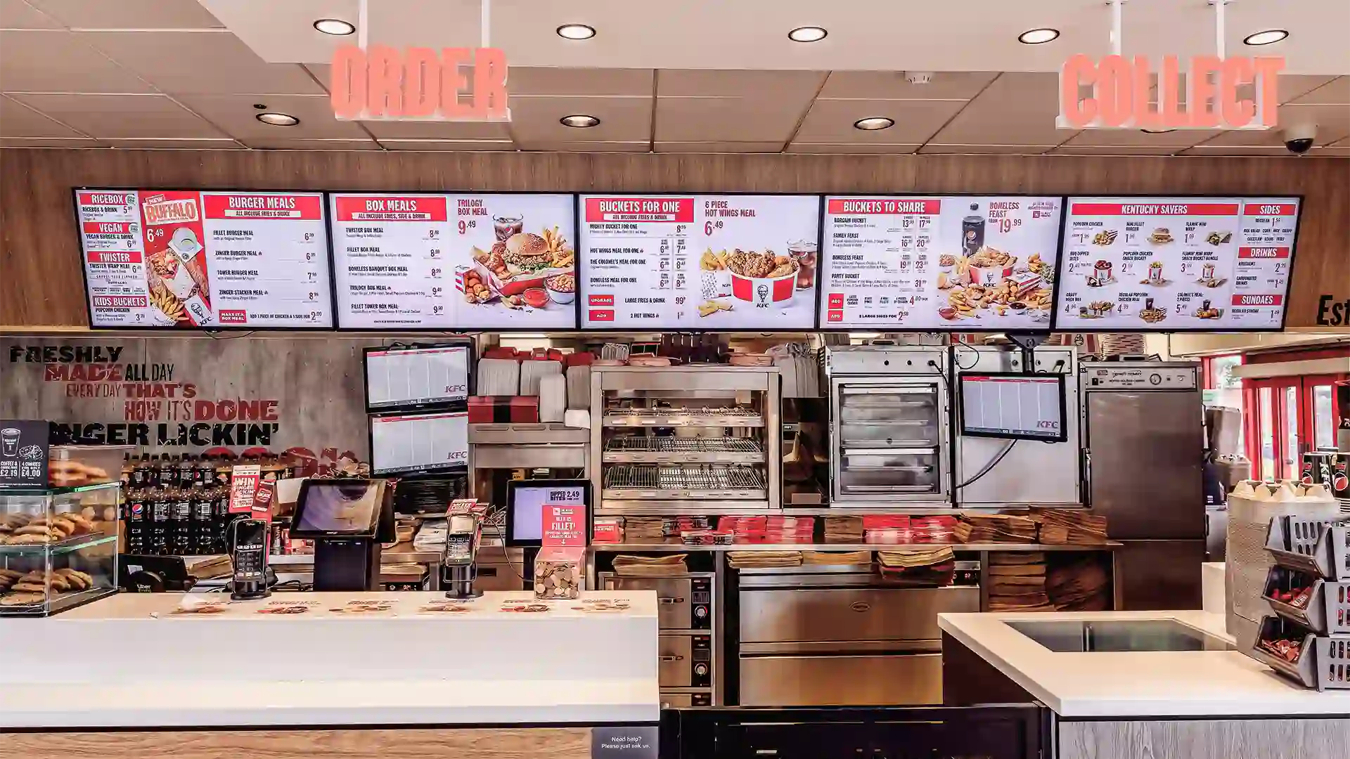 Digital drive thru menu boards installed at a KFC restaurant in the UK and Ireland.
