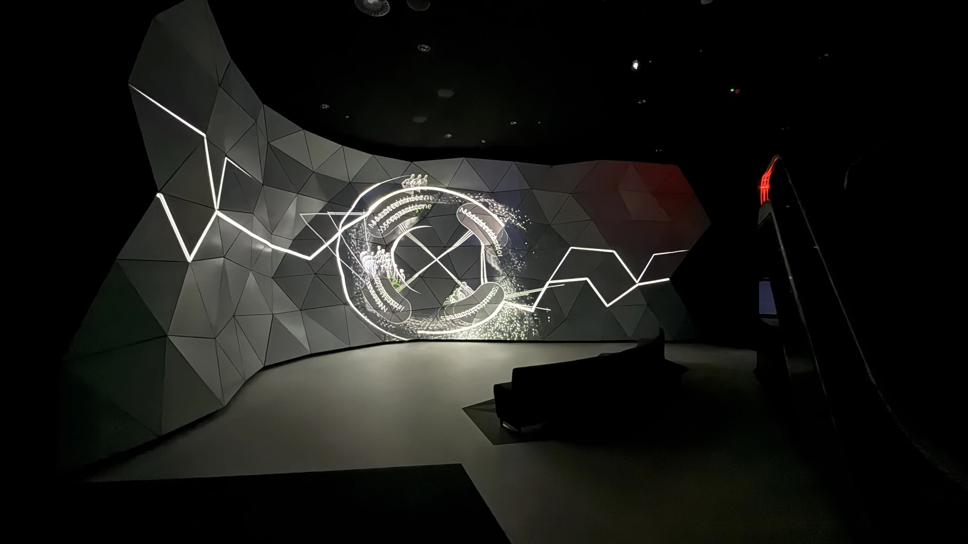 Immersive projection mapping on faceted screen at Orona showroom in Hernani by TRISON