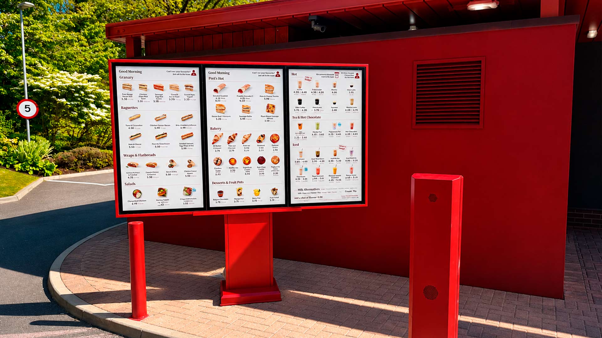 Triple digital menuboard display with drive-thru order confirmation screen at Pret Oakwood Gate
