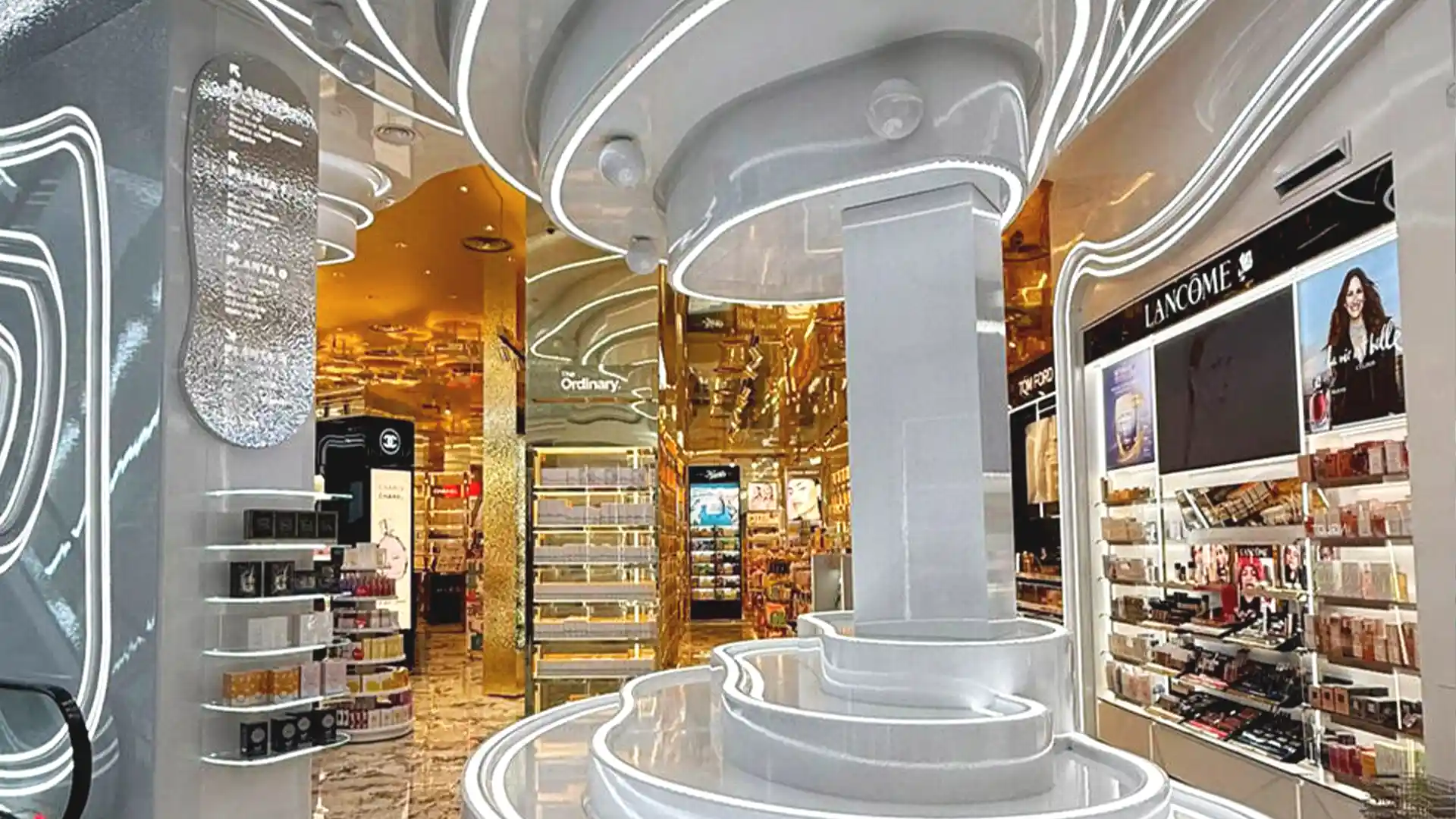 Grand mur LED affichant un contenu beauté à fort impact à l'intérieur de Primor Madrid.