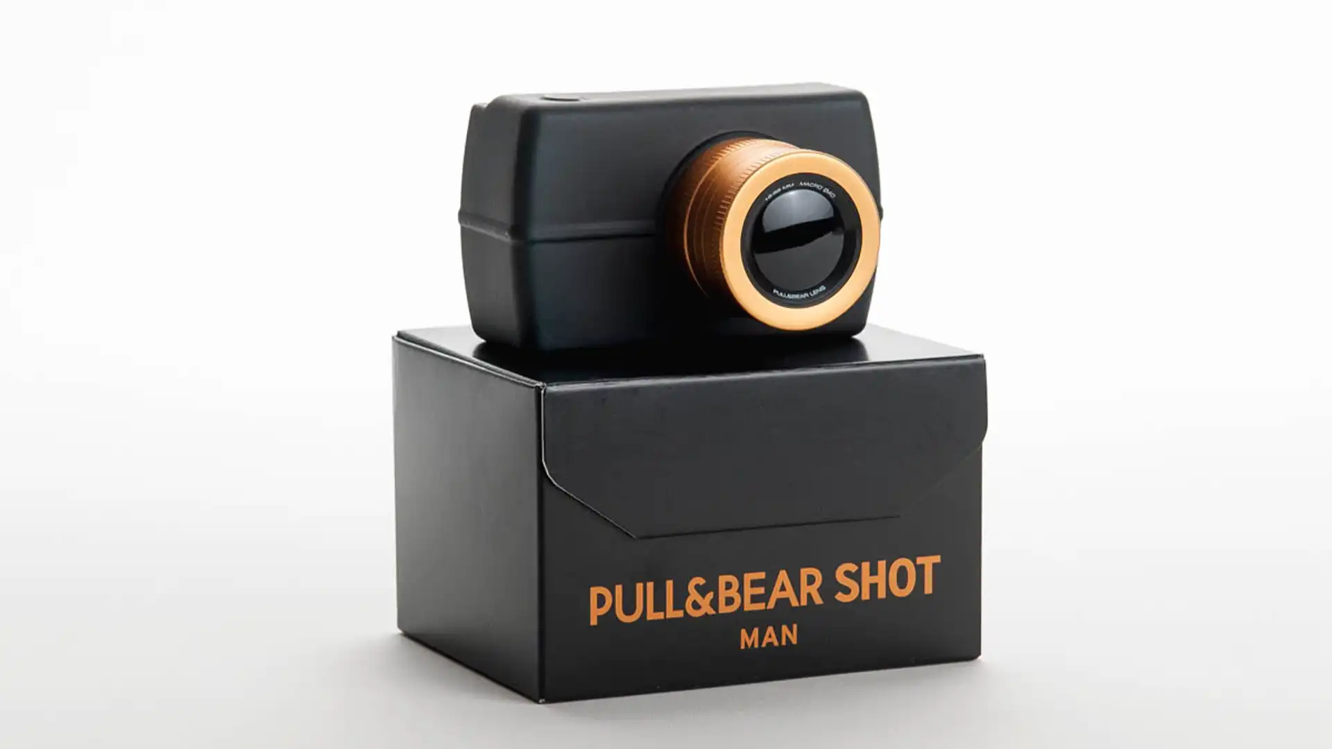 Close-up of Pull&Bear Black Shot fragrance bottle inspired by camera aesthetics.