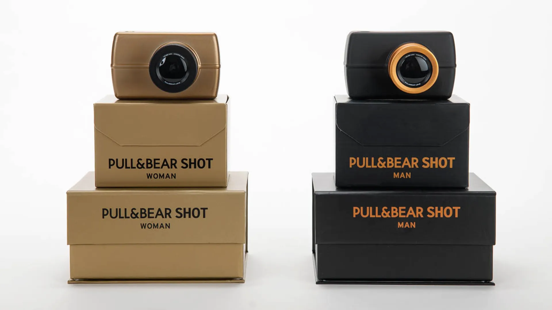 Flat lay composition of Shot Gold and Shot Black fragrances.