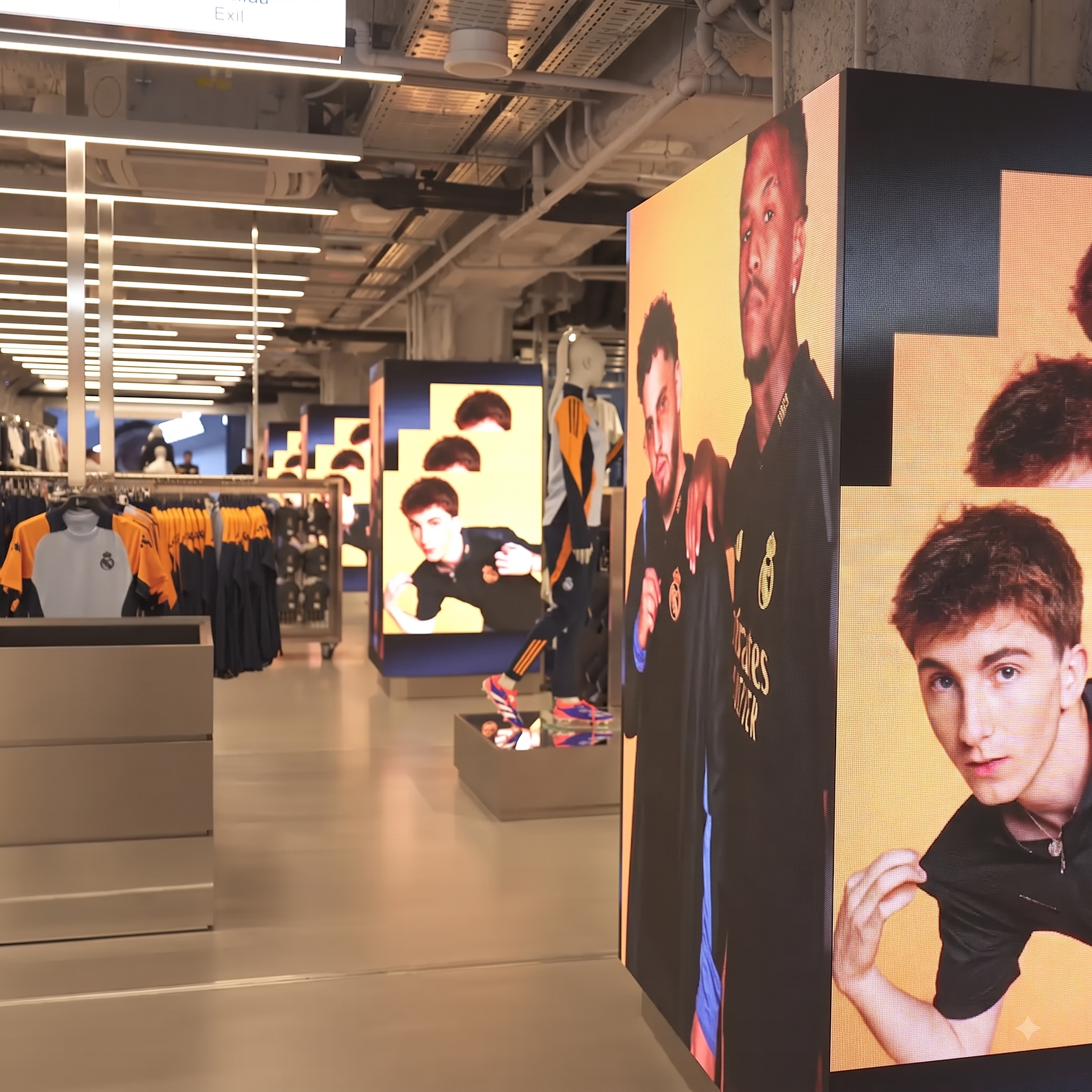 Digital content displayed on LED columns inside the Real Madrid Official Megastore at Santiago Bernabéu