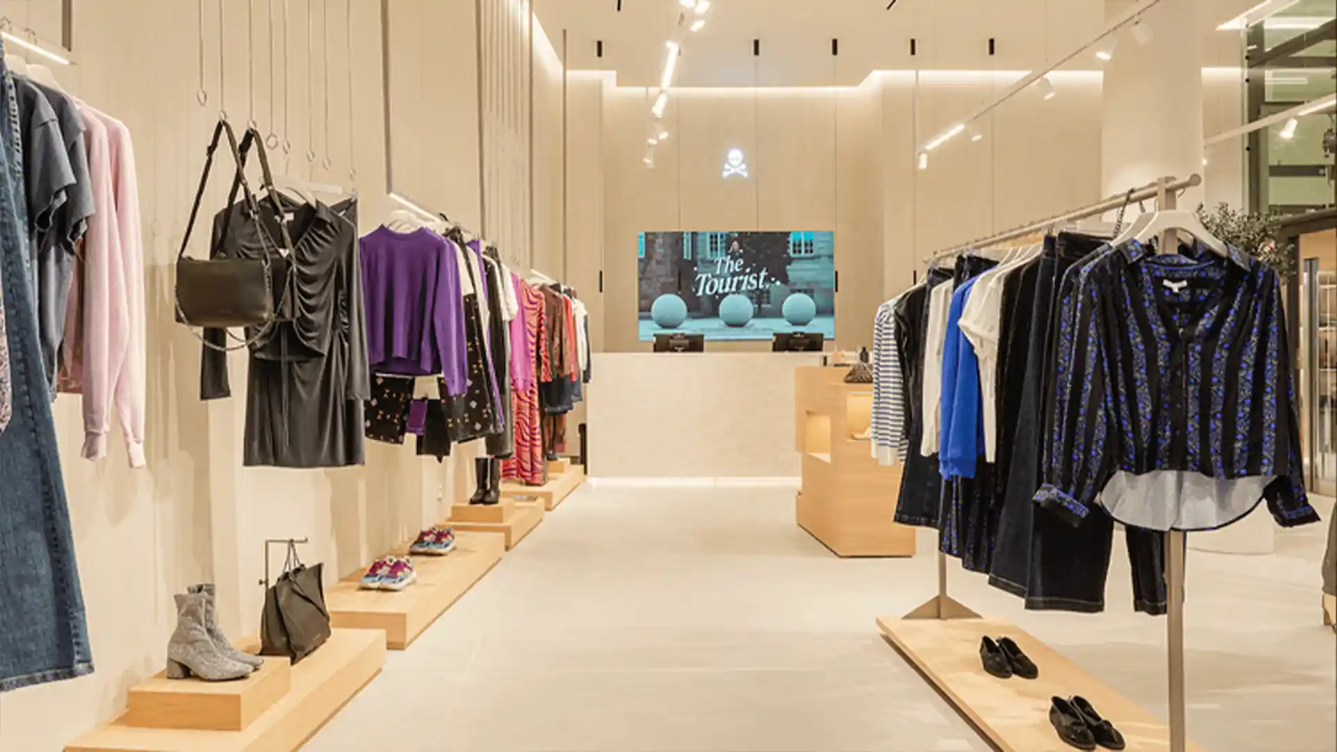 Großformatiger LED-Bildschirm im Flaggschiff von Scalpers mit dynamischen Kampagnenbildern.