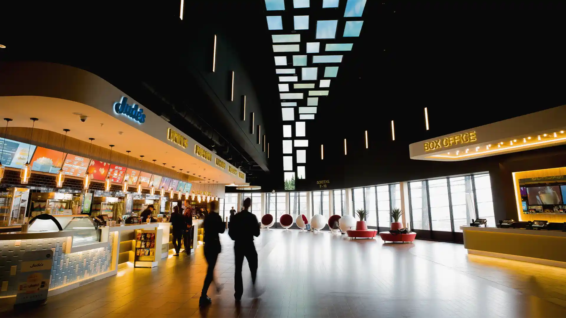 Synchronised concession stand displays at Showcase Cinema de Lux Southampton showing cinematic slow-motion food content created by TRISON.