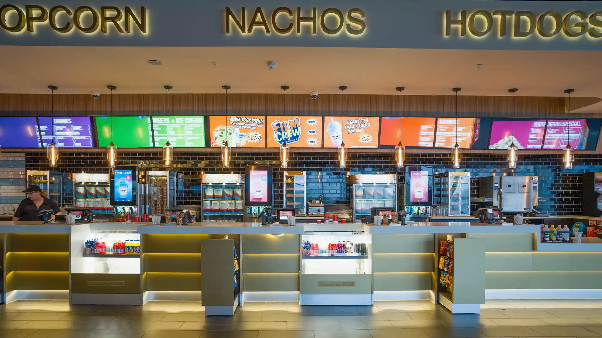 Large-format digital signage inside the flagship Showcase Cinema de Lux, demonstrating the venue’s innovative audiovisual environment.