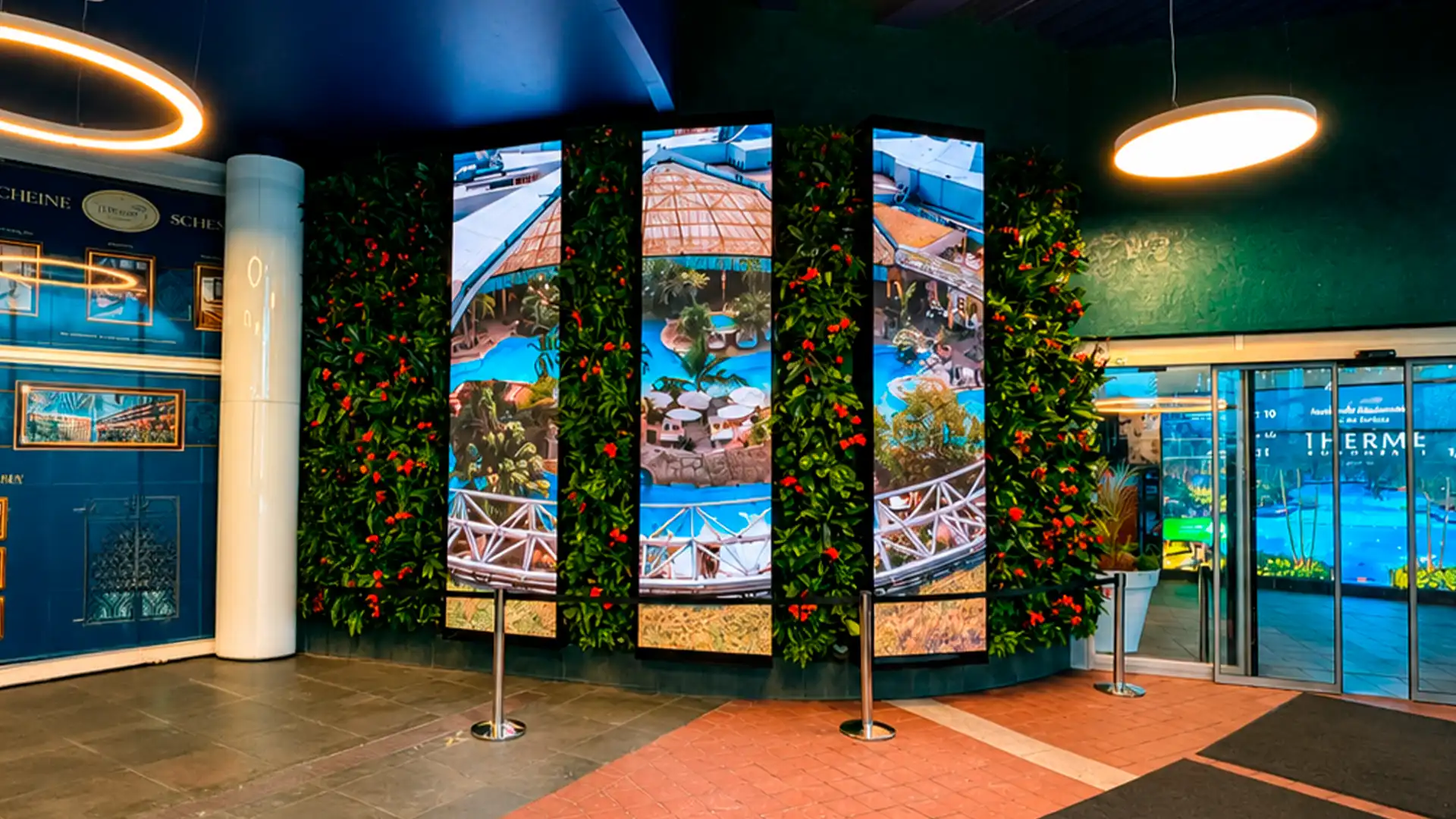 Geschwungene grüne Wand mit drei vertikalen LED-Säulen, die Resort-Bilder am Eingang der Therme Erding zeigen