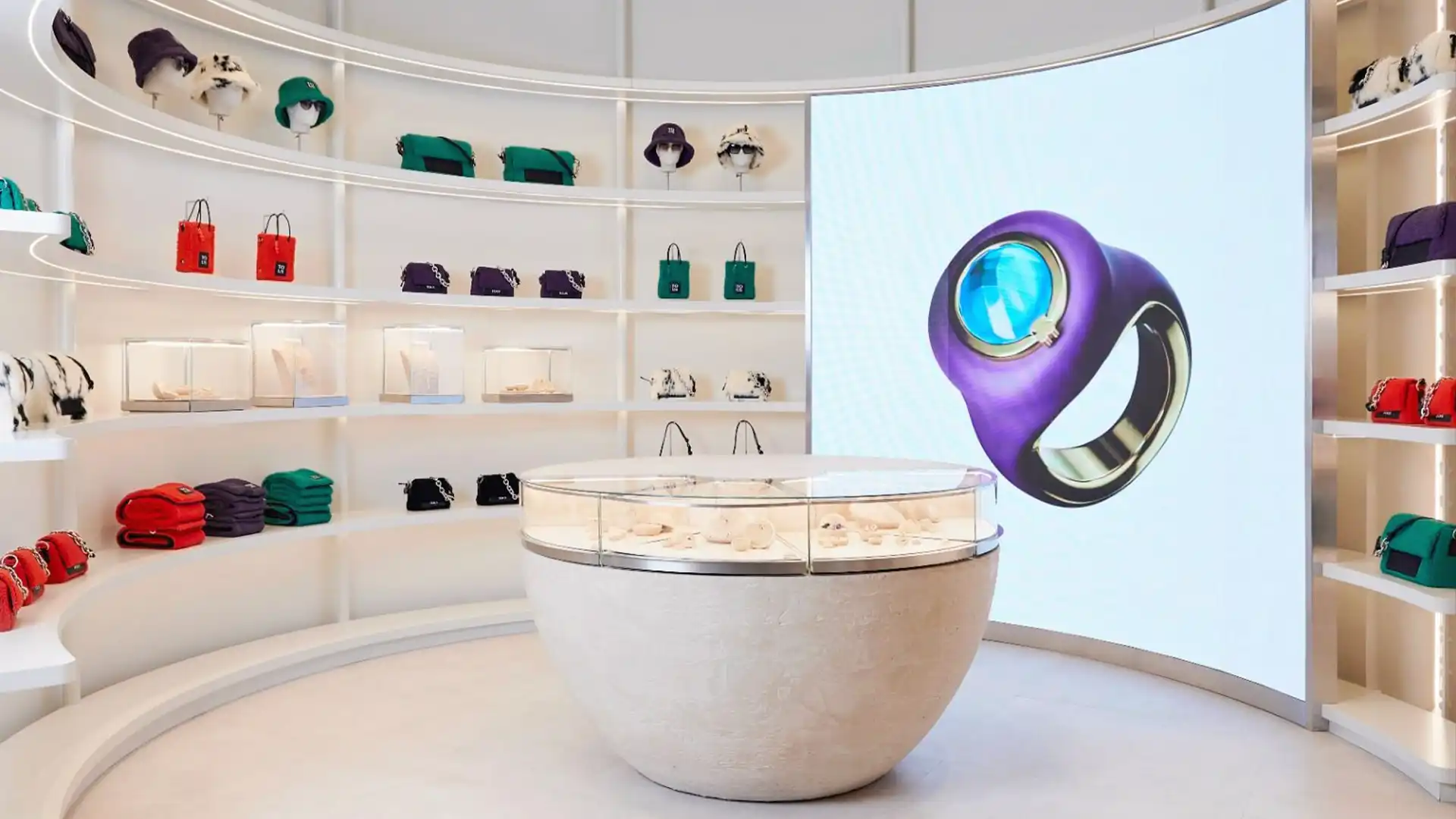 Elementi audiovisivi e audio integrati per migliorare l'ambiente di vendita al dettaglio di TOUS a Barcellona.