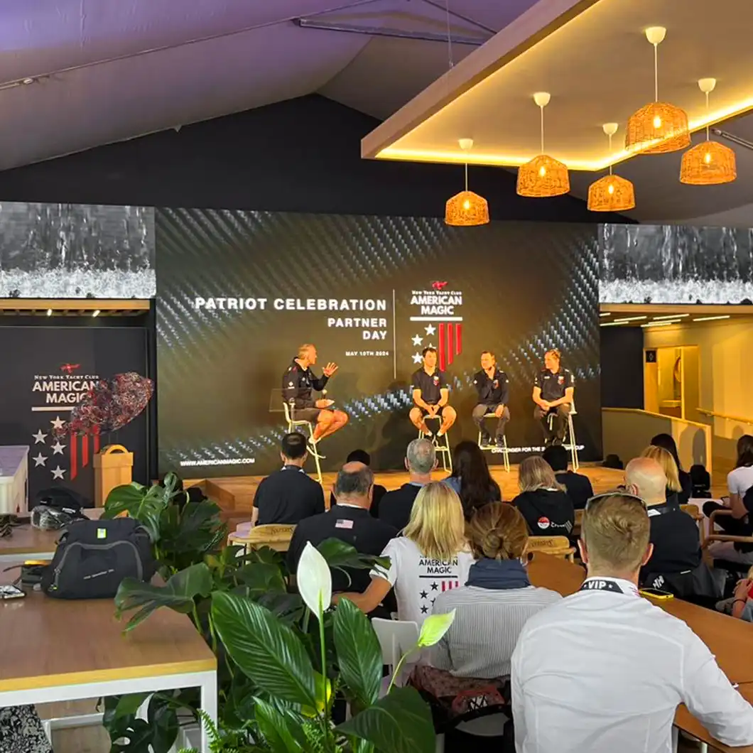 Central LED screen installed by TRISON as the main presentation area at the American Magic Team Base.