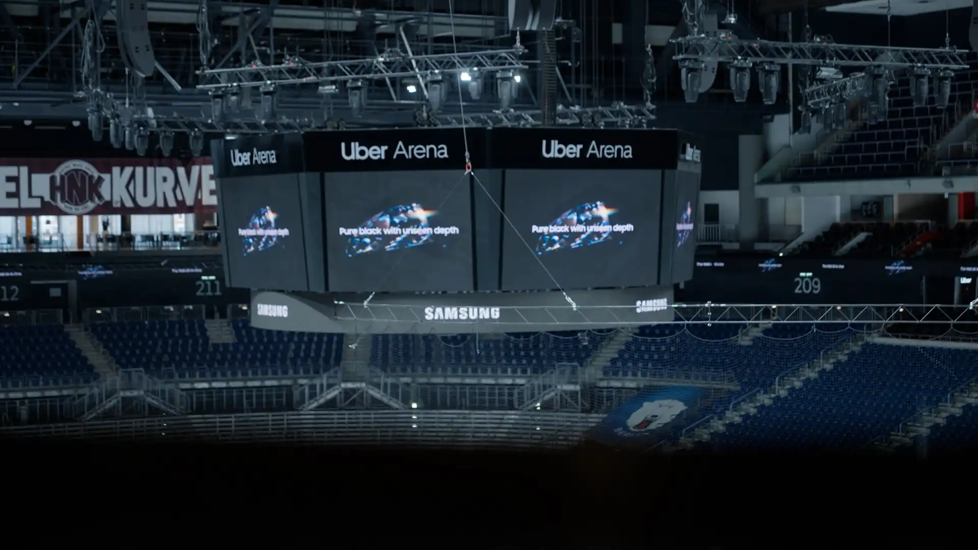Detail of high-resolution LED ring displaying dynamic visuals at Uber Arena concert.