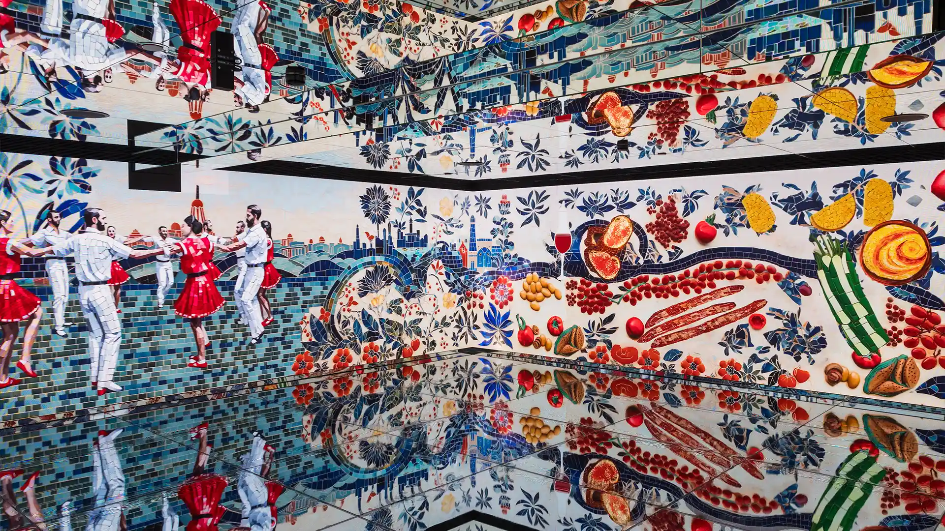 Installation audiovisuelle immersive à l'intérieur de White Rabbit Barcelona avec des murs LED et un éclairage interactif.