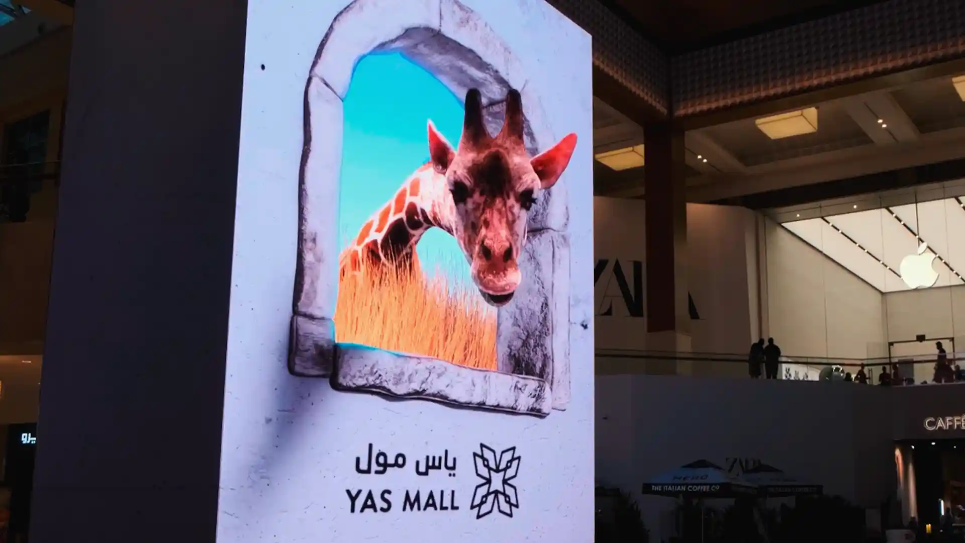 Large-format 3D LED totem displaying immersive animated content at Yas Mall.